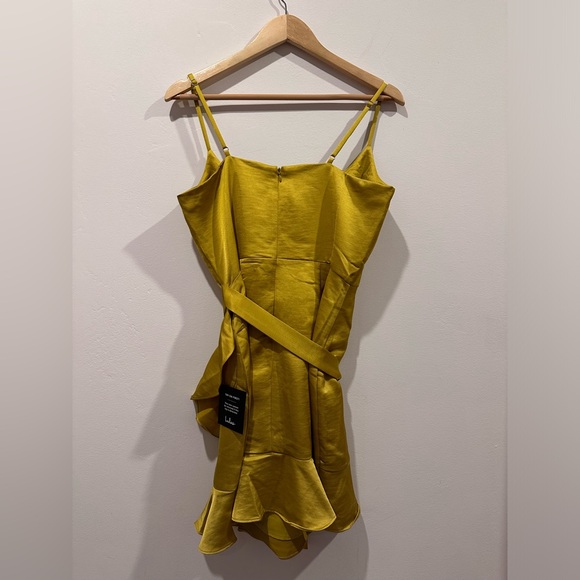 Lulus Glamorous Lifestyle Mustard Yellow Satin Faux-Wrap Mini Dress NWT - Picture 7 of 9